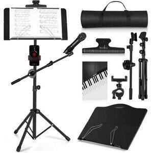 Folding Sheet Music Stand with Detachable Microphone Stand & Phone Holder